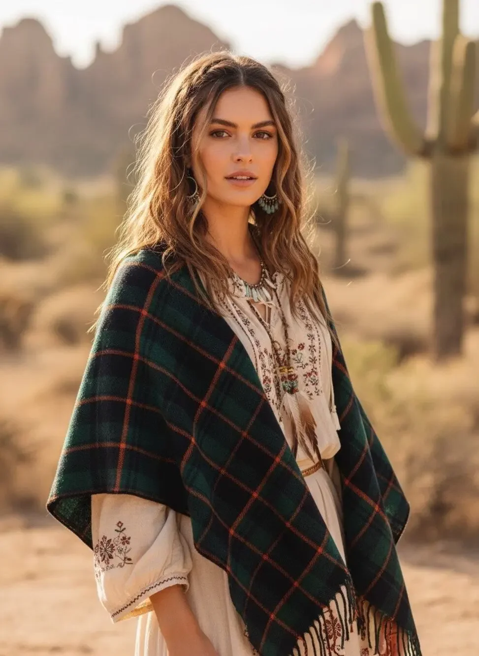 Ruggine Poncho Style Plaid Shawl with Neck Slit NWT